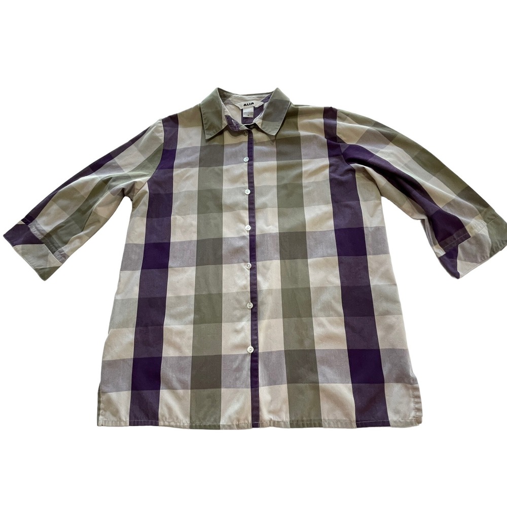 Alia Womens Size 12 Blouse 3/4 Sleeve Sage Green Purple Plaid Buttons 3/4 Sleeve